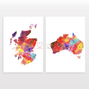 Scotland to Australia - Set of 2 - Map Prints - Travel Art Posters - Available in 6 Colours
