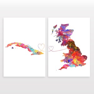 Cuba to Britain - Set of 2 - Map Prints - Travel Art Posters - Available in 6 Colours