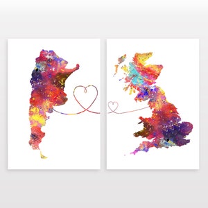 Argentina to Britain - Set of 2 - Map Prints - Travel Art Posters - Available in 6 Colours