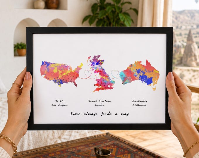 Personalised Map Print - Any three countries - Custom Map Art - Available in 9 Colours