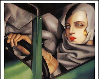 Tamara in a Green Bugatti (1929), Tamara de Lempicka self-portrait, High quality oil painting reproduction