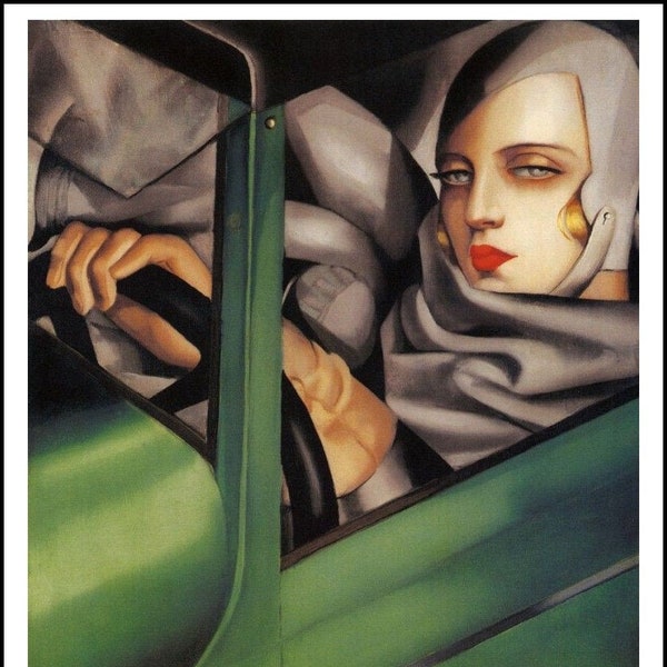 Tamara in a Green Bugatti (1929), Tamara de Lempicka self-portrait, High quality oil painting reproduction