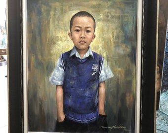 依頼を受けて制作した子供の肖像画、男の子の肖像画、キャンバスに油彩