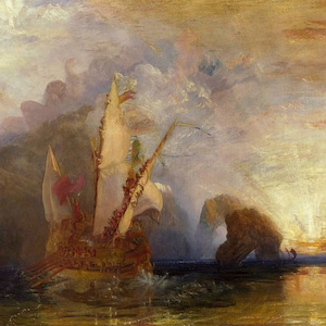 May include: A painting depicting a ship navigating a dramatic seascape. The vessel is adorned with flags and sails, and the sky is filled with swirling clouds. The water is a deep blue, and the sun is setting in the distance. The painting is executed in a romantic style, with an emphasis on the beauty of nature.