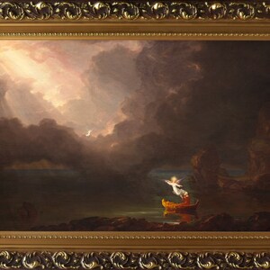 Op de afbeelding: Een schilderij dat een sc&egrave;ne uit de Bijbel voorstelt, met een figuur in een boot die door een engel omhoog wordt getild naar een helder licht in de hemel. De sc&egrave;ne speelt zich af tegen een achtergrond van donkere wolken en een stormachtige zee.