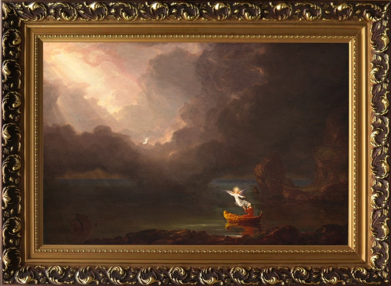 Op de afbeelding: Een schilderij dat een sc&egrave;ne uit de Bijbel voorstelt, met een figuur in een boot die door een engel omhoog wordt getild naar een helder licht in de hemel. De sc&egrave;ne speelt zich af tegen een achtergrond van donkere wolken en een stormachtige zee.