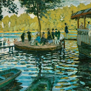 May include: A painting of a lake scene with people on a boat and a dock. The water is blue and green, and the sky is light blue. There are trees in the background. The text "Location Cano" is visible on the side of a boat.