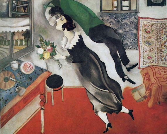 マルク・シャガール作「誕生日」（1915年）、手描きの油絵複製画