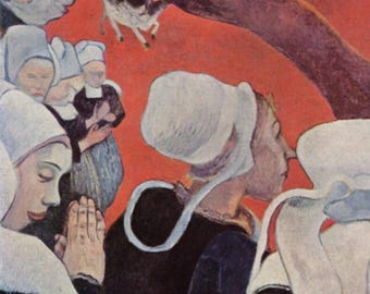 ポール・ゴーギャン作「説教後の幻視」（1888年）、手描き油彩複製画