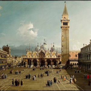 May include: A painting depicting a large, open square in Venice, Italy. The square is surrounded by buildings with arches and columns. In the center of the square is a large church with a dome. In the background, a tall bell tower rises above the city.