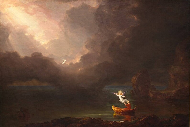 Op de afbeelding: Een schilderij dat een persoon in een boot op een stormachtige zee toont, die wordt gered door een engel. De engel vliegt met uitgespreide vleugels naar de boot, terwijl de persoon in de boot vol ontzag omhoog kijkt. De lucht is donker en stormachtig, met wolken die rond de engel draaien. De zee is ruw en turbulent, met golven die tegen de boot slaan.