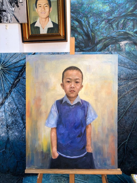 依頼を受けて制作した子供の肖像画、男の子の肖像画、キャンバスに油彩