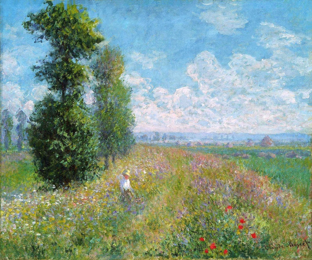 クロード・モネ作「ポプラの木のある草原」（1875年）、印象派、手描き