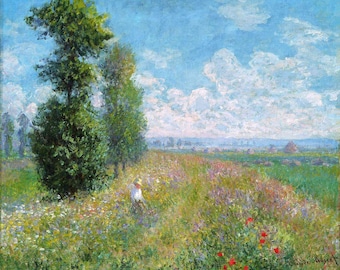クロード・モネ作「ポプラの木のある草原」（1875年）、印象派、手描き