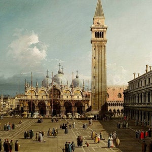 May include: A painting depicting St. Mark's Square in Venice, Italy. The square is bustling with people and features the iconic St. Mark's Basilica and the Campanile bell tower.