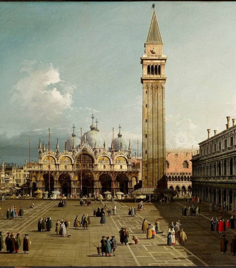May include: A painting depicting St. Mark's Square in Venice, Italy. The square is bustling with people and features the iconic St. Mark's Basilica and the Campanile bell tower.