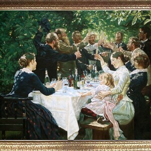 May include: A group of people gathered around a table outdoors, enjoying a meal and drinks. The table is set with white linens and a variety of dishes. The people are dressed in formal attire and appear to be celebrating a special occasion. The scene is bathed in warm sunlight, creating a festive atmosphere.