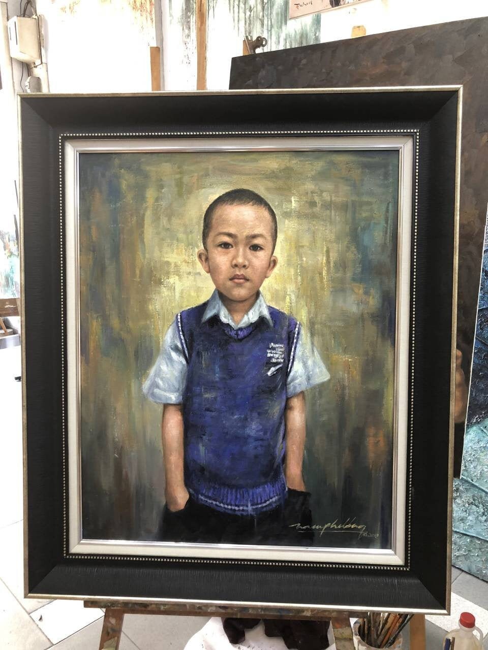 依頼を受けて制作した子供の肖像画、男の子の肖像画、キャンバスに油彩