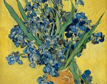 フィンセント・ファン・ゴッホ - 黄色い背景にアイリスの花瓶 50 x 60