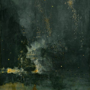 Pode incluir: Uma pintura de um céu noturno verde escuro com uma nuvem branca e algumas pequenas estrelas dispersas. A parte inferior da pintura é de cor castanho claro.