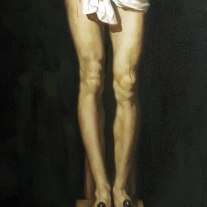May include: A close-up of a painting depicting the lower body of a person with blood dripping from their feet. The feet are nailed to a wooden cross.