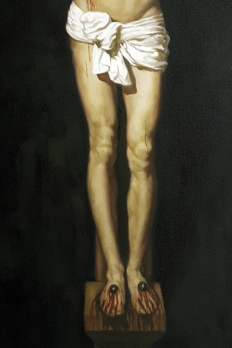 May include: A close-up of a painting depicting the lower body of a person with blood dripping from their feet. The feet are nailed to a wooden cross.