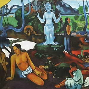 May include: A painting depicting a blue figure with outstretched arms standing on a green platform surrounded by trees, a white bird, and several people. The painting is done in a stylized, almost cartoonish style.