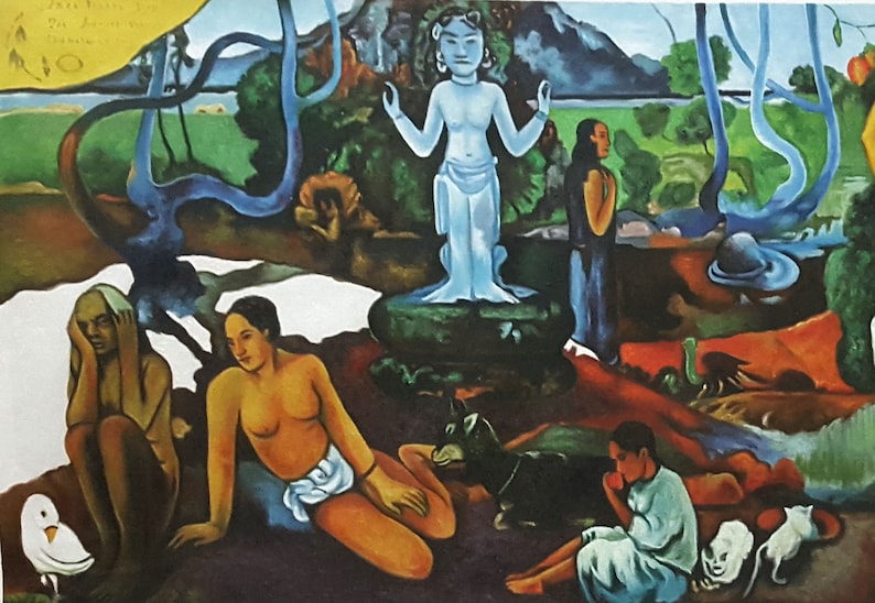 May include: A painting depicting a blue figure with outstretched arms standing on a green platform surrounded by trees, a white bird, and several people. The painting is done in a stylized, almost cartoonish style.