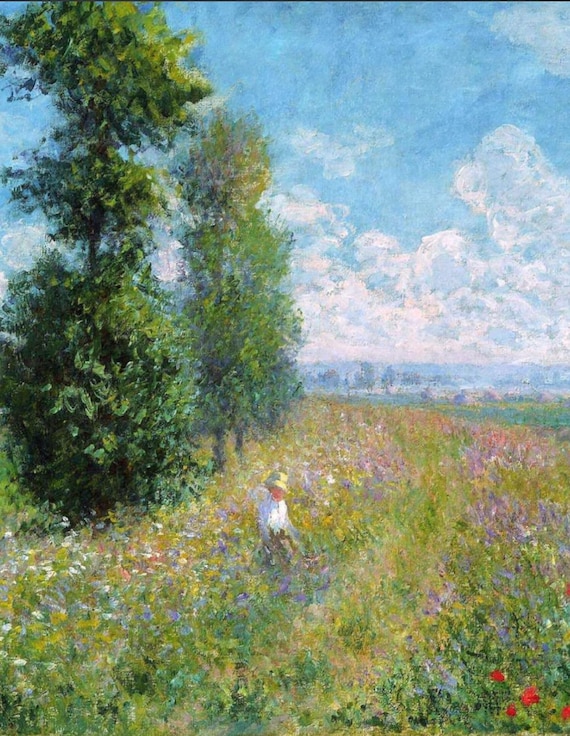クロード・モネ作「ポプラの木のある草原」（1875年）、印象派、手描き