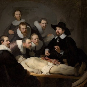 May include: A group of men in dark clothing gather around a table, observing a dissected body. The scene is lit by a single light source, casting shadows on the figures and the table. The men are dressed in 17th-century attire, and the room is decorated with a few simple furnishings.