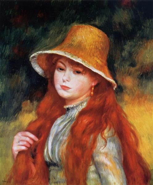 オレンジの帽子の女性の油彩 ピエール＝オーギュスト・ルノワール「麦わら帽子の少女」、1884年頃