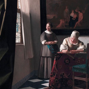 Mujer escribiendo una carta con su criada, de Johannes Vermeer, reproducción de pintura al óleo de alta calidad