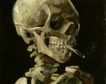 額入りの煙草をくわえた頭蓋骨、ゴッホの複製画、キャンバスに手描きの
