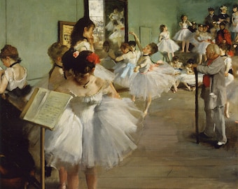 May include: A painting of a ballet class in a studio. The dancers are wearing white tutus and are practicing their moves. A man in a suit is standing in the background, watching the class.