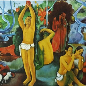 May include: A painting depicting a group of people in a lush, colorful landscape. The figures are mostly nude, with some wearing simple clothing. The scene is filled with vibrant greens, blues, and reds, creating a sense of tropical paradise.