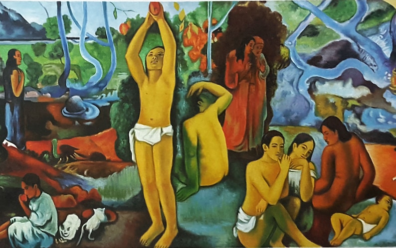 May include: A painting depicting a group of people in a lush, colorful landscape. The figures are mostly nude, with some wearing simple clothing. The scene is filled with vibrant greens, blues, and reds, creating a sense of tropical paradise.