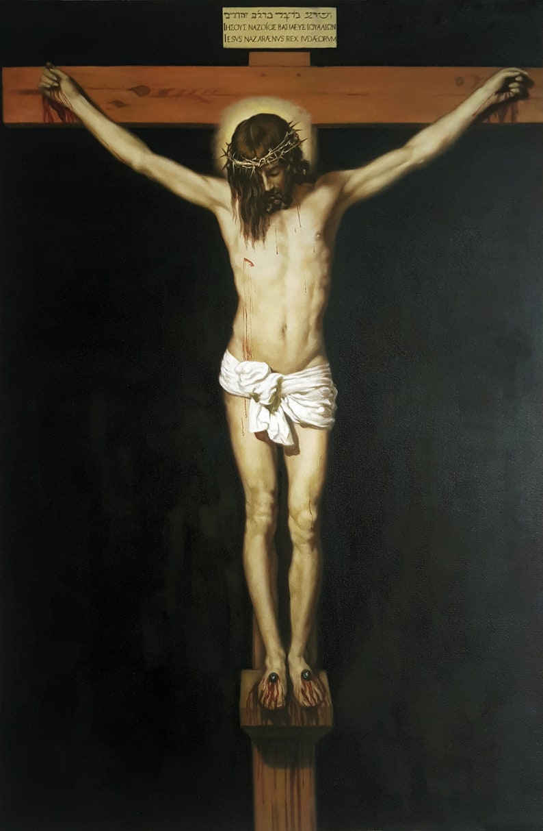 May include: A painting depicting a man with a crown of thorns on a wooden cross. He is wearing a white cloth around his waist and blood is dripping from his hands and feet. The background is black. The text above the cross reads "INRI, IESVS NAZARENVS REX IVDAEORVM".