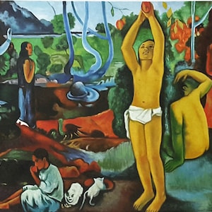 May include: A colorful painting depicting a scene with multiple figures in a lush, tropical landscape. The figures are dressed in various colors and poses, with a blue figure standing on a rock in the center of the painting. The background features a vibrant blue sky, green trees, and a winding river.