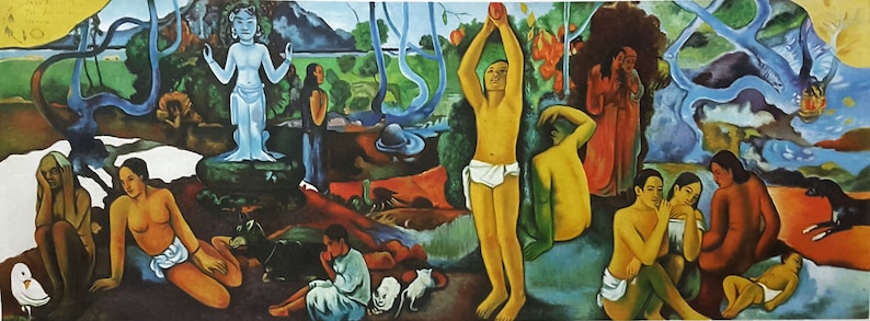 May include: A colorful painting depicting a scene with multiple figures in a lush, tropical landscape. The figures are dressed in various colors and poses, with a blue figure standing on a rock in the center of the painting. The background features a vibrant blue sky, green trees, and a winding river.