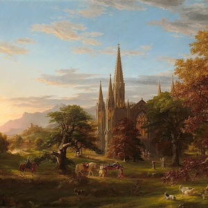 以下が含まれることがあります： 森の中にそびえ立つ、大きなゴシック様式の教会を描いた絵画。教会は石造りで、高く尖った塔が特徴です。森は緑豊かで、様々な大きさの木々が生い茂っています。空は淡い青色で、遠くには雲が見えます。絵画は、静かで穏やかな雰囲気の中で描かれています。