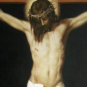 May include: A painting depicting a man with long brown hair and a crown of thorns, crucified on a wooden cross. He is wearing a white cloth around his waist and blood is dripping from his wounds.