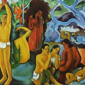 May include: A painting depicting a group of people in a lush, tropical setting. The figures are painted in a stylized, almost abstract manner, with vibrant colors and bold outlines. The background features a dense forest with a winding river and a blue sky. The painting evokes a sense of mystery and exoticism.