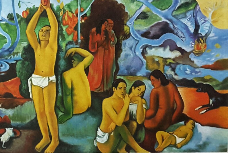May include: A painting depicting a group of people in a lush, tropical setting. The figures are painted in a stylized, almost abstract manner, with vibrant colors and bold outlines. The background features a dense forest with a winding river and a blue sky. The painting evokes a sense of mystery and exoticism.