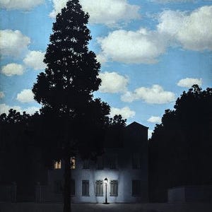 May include: A surrealist painting depicting a house with a single lit street lamp in front of it. The house is surrounded by trees and a dark sky with fluffy white clouds. The painting is in a dark blue and white color scheme.