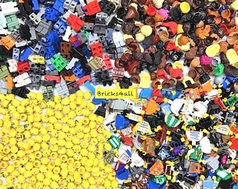 May include: A large collection of assorted plastic building block components, including numerous yellow heads, various coloured torsos, legs, and hair pieces. A small yellow sign with the black text Bricks4all is visible in the centre.
