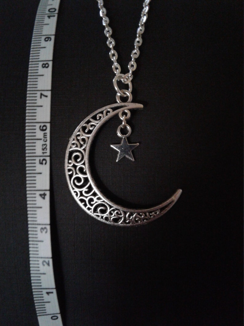 Silver Crescent Moon and Star Chain Necklace