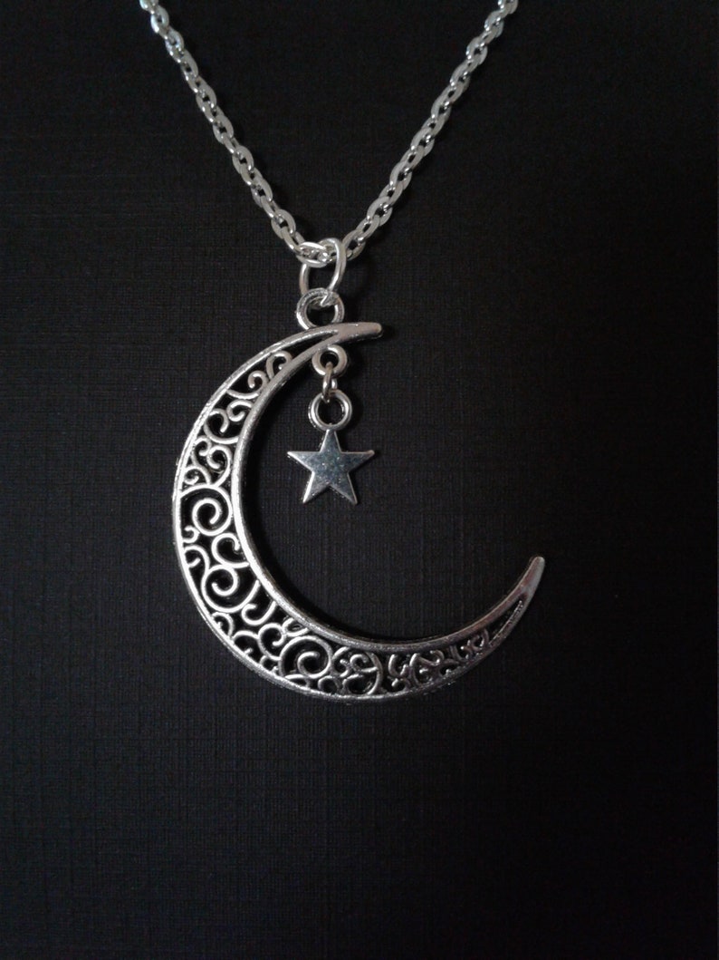 Silver Crescent Moon and Star Chain Necklace