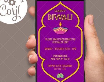 Plantilla editable de invitación de Diwali: Tarjeta electrónica del Festival de las Luces (descarga digital)