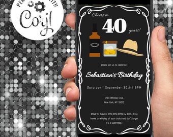 Cumpleaños de hombres de whisky y cigarro, plantilla de invitación digital, cualquier edad, edite el texto usted mismo, descarga digital instantánea