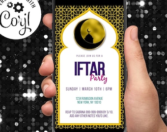 Plantilla de invitación editable para una cena de celebración de la fiesta Iftar, Ramadán, Iftar Eid, negro y dorado, elegante, celebración musulmana, digital